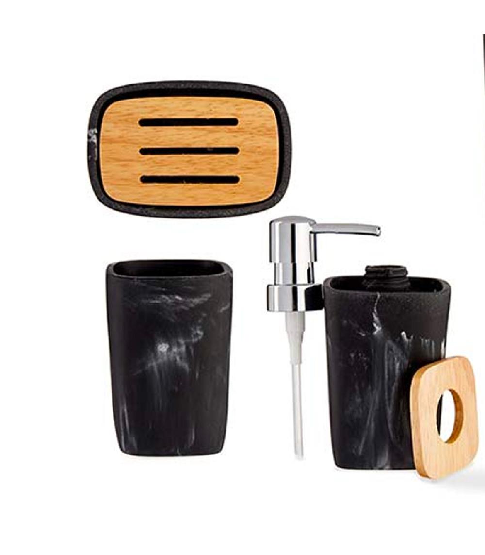 Wadiga Set Salle De Bain Plastique Effet Marbre Noir Et Bambou - 3 Pièces