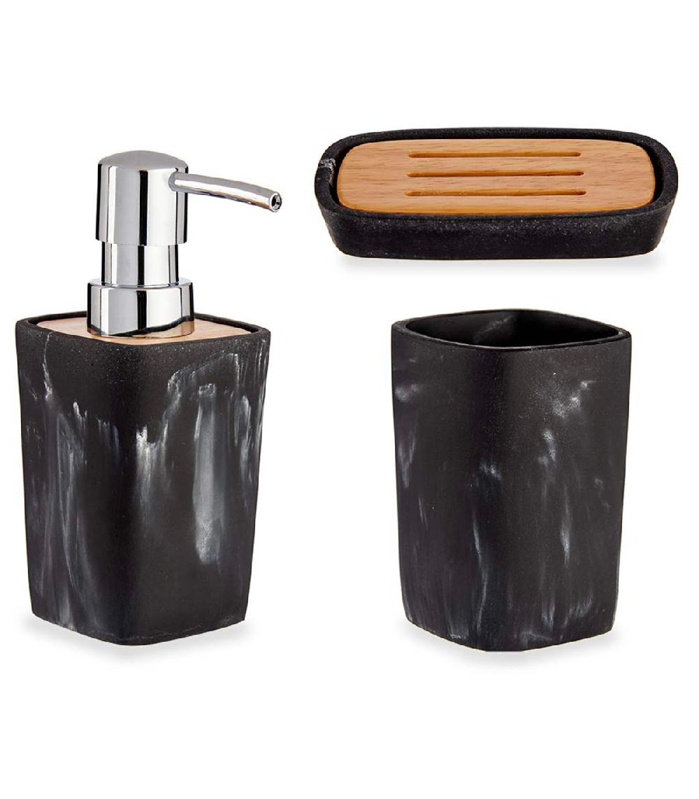 wadiga Set salle de bain plastique effet marbre noir et bambou - 3 pièces