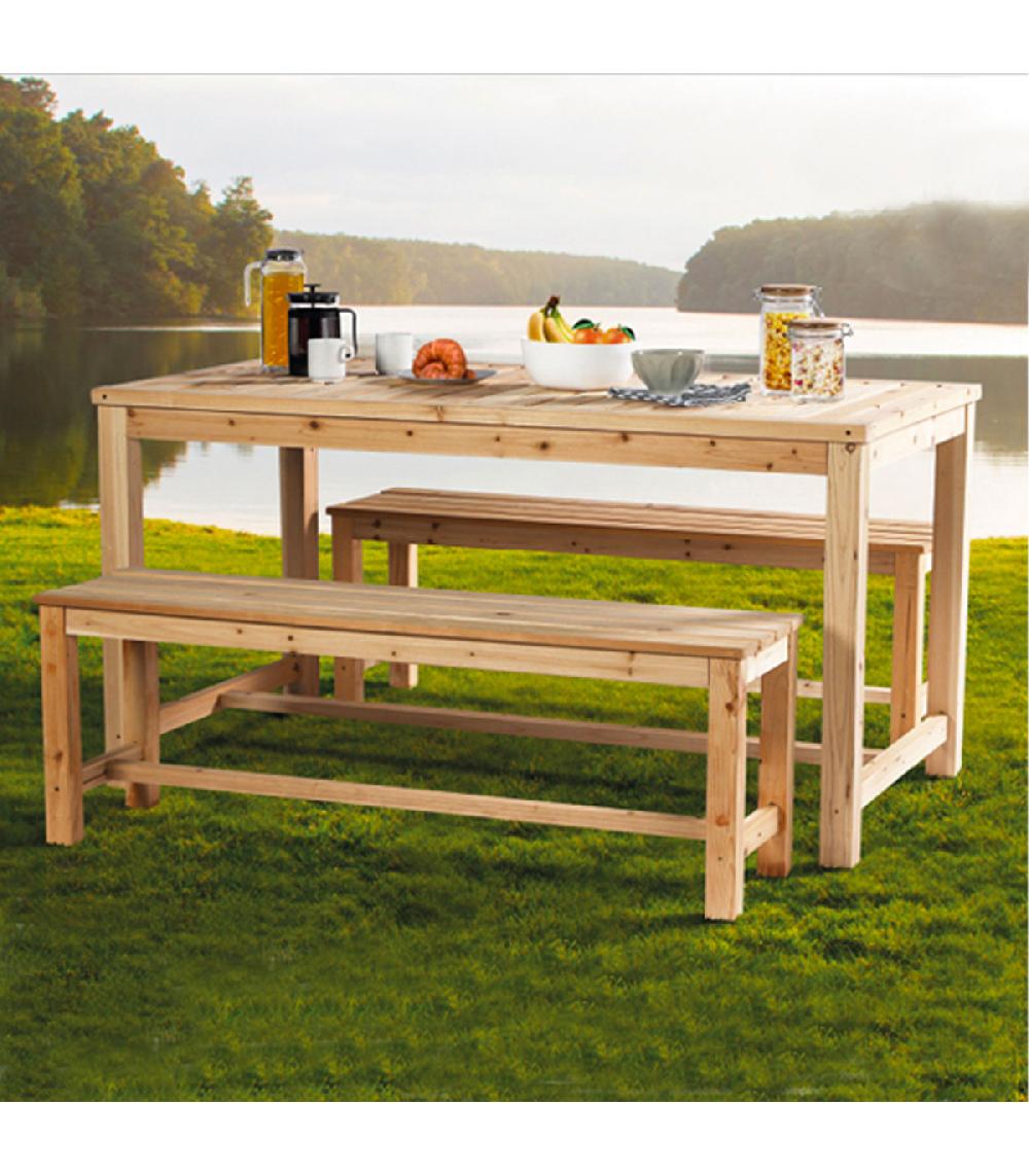 Wadiga Set Table + 2 Bancs De Jardin En Bois De Sapin 150x80x77cm