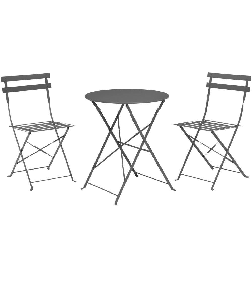 wadiga Set table + 2 chaises de jardin pliable en métal gris