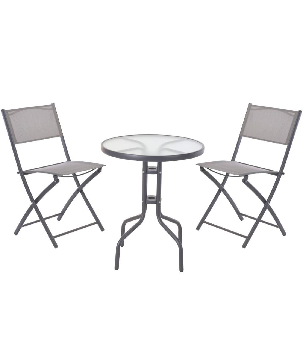 wadiga Set table + 2 chaises de jardin pliable en métal gris
