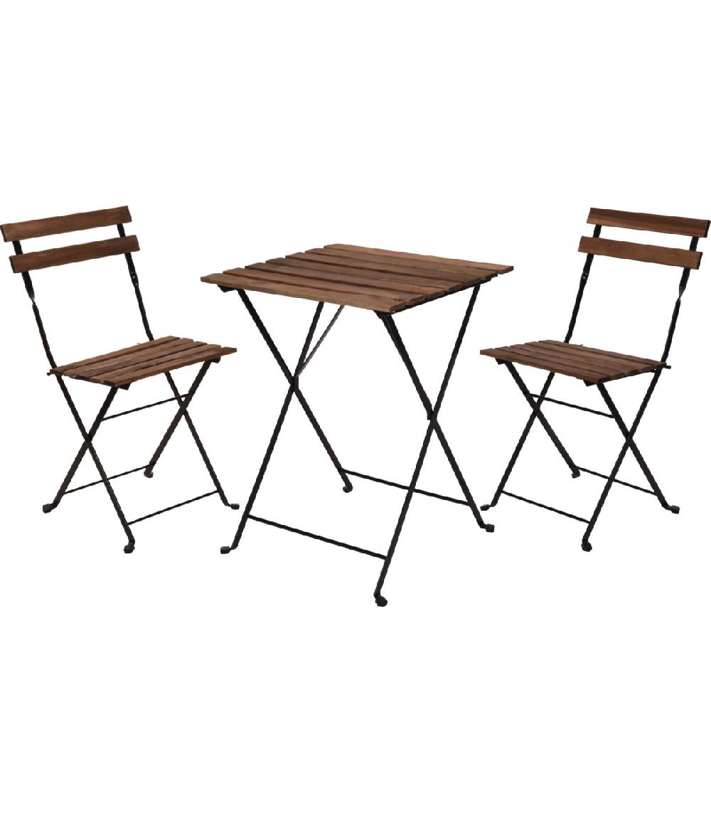 wadiga Set table + 2 chaises de jardin pliable en métal noir et bois