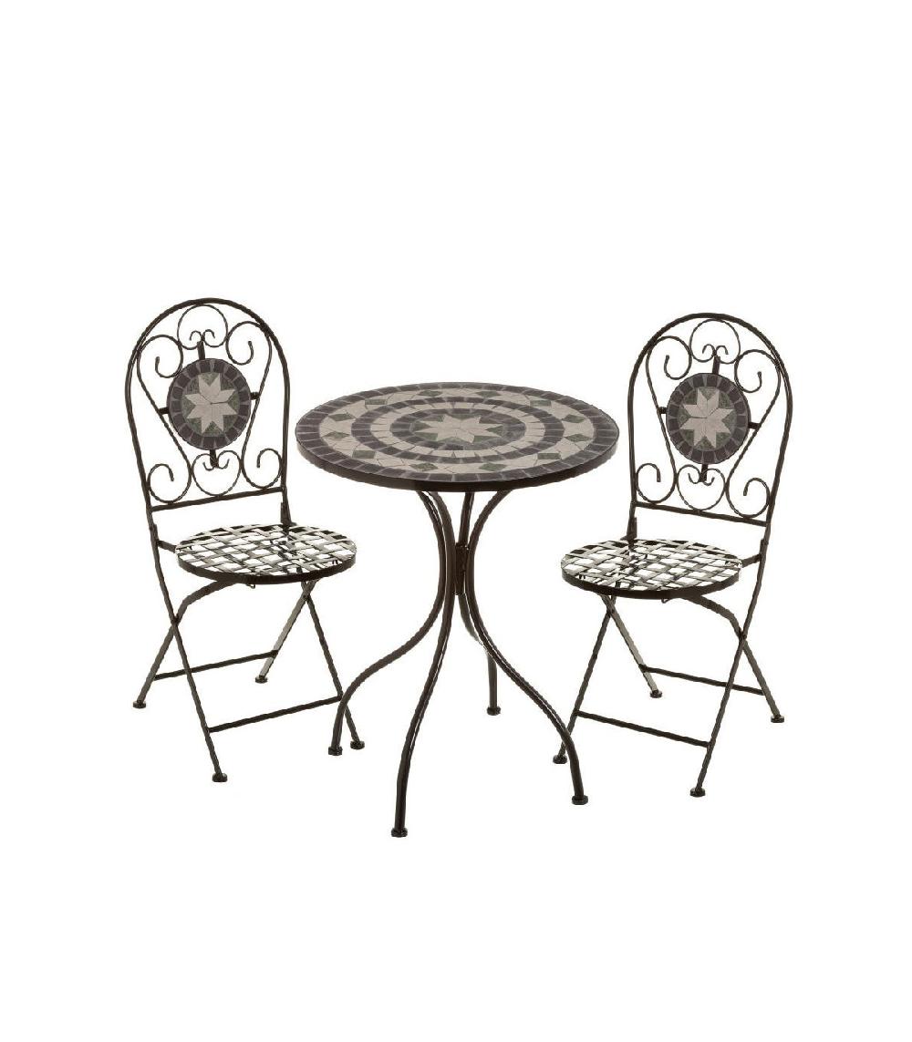 wadiga Set Table + 2 Chaises de Jardin Pliable en Métal noir et céramique vert