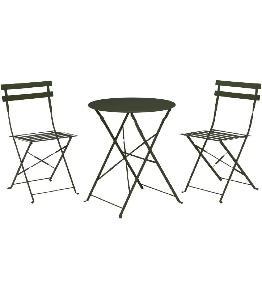 wadiga Set table + 2 chaises de jardin pliable en métal vert foncé Bistrot