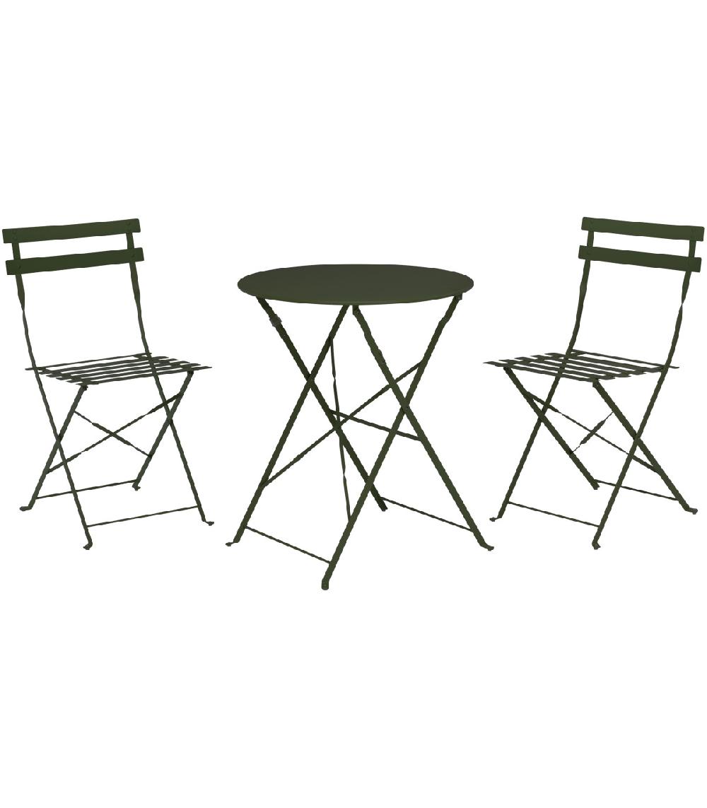 wadiga Set Table + 2 Chaises de Jardin Pliable en Métal Vert