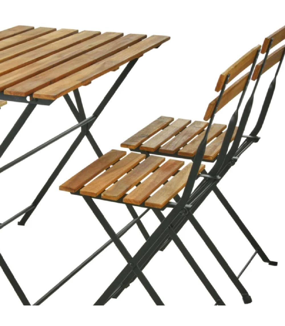 Wadiga Set Table + 4 Chaises De Jardin Pliable En Métal Noir Et Bois