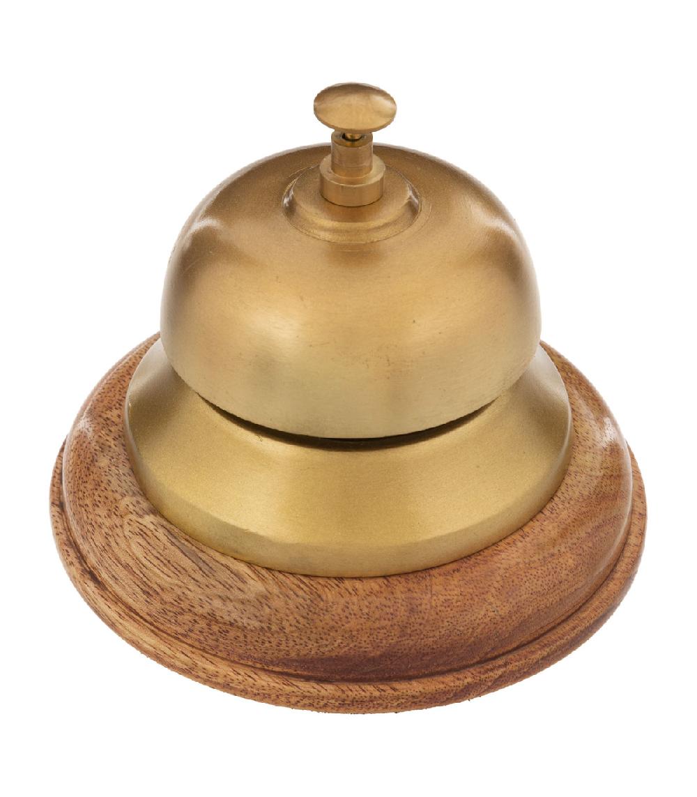 wadiga Sonnette de comptoir socle bois de manguier et métal doré 10x10x12.5cm