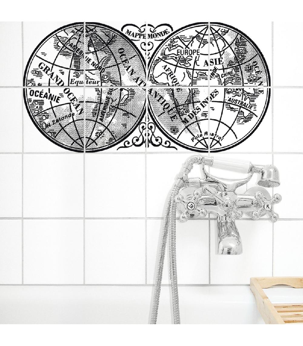 Wadiga Stickers Pour Carrelage Noir Et Transparent Mappemonde - Set De 8