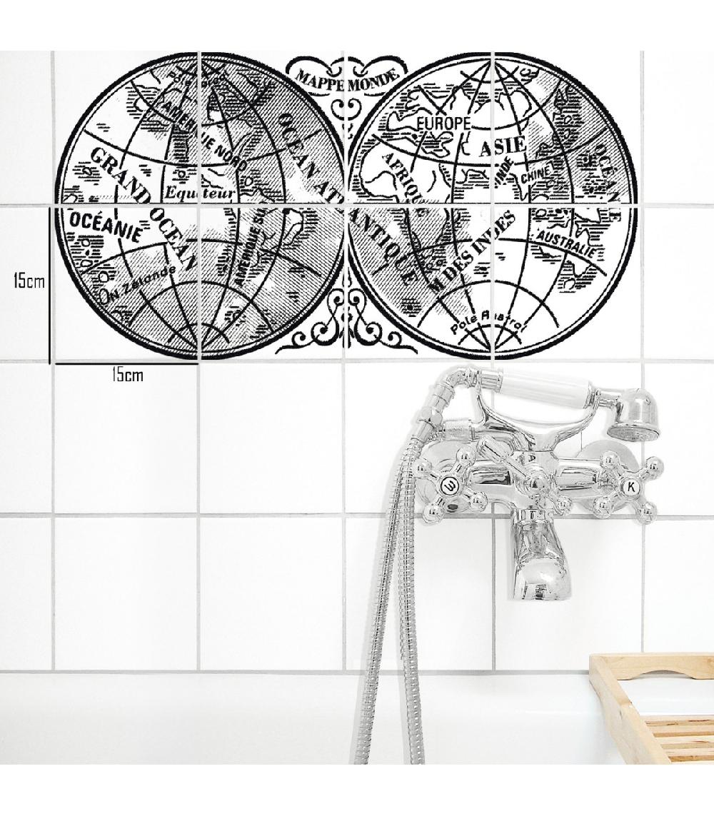 Wadiga Stickers Pour Carrelage Noir Et Transparent Mappemonde - Set De 8