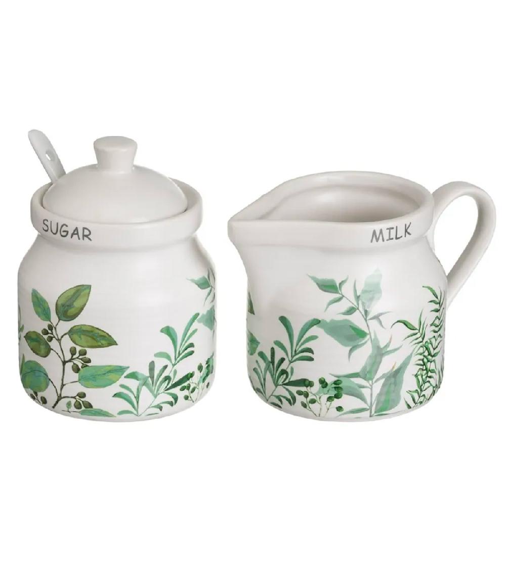 wadiga Sucrier + pot à lait en céramique blanche motif feuillage