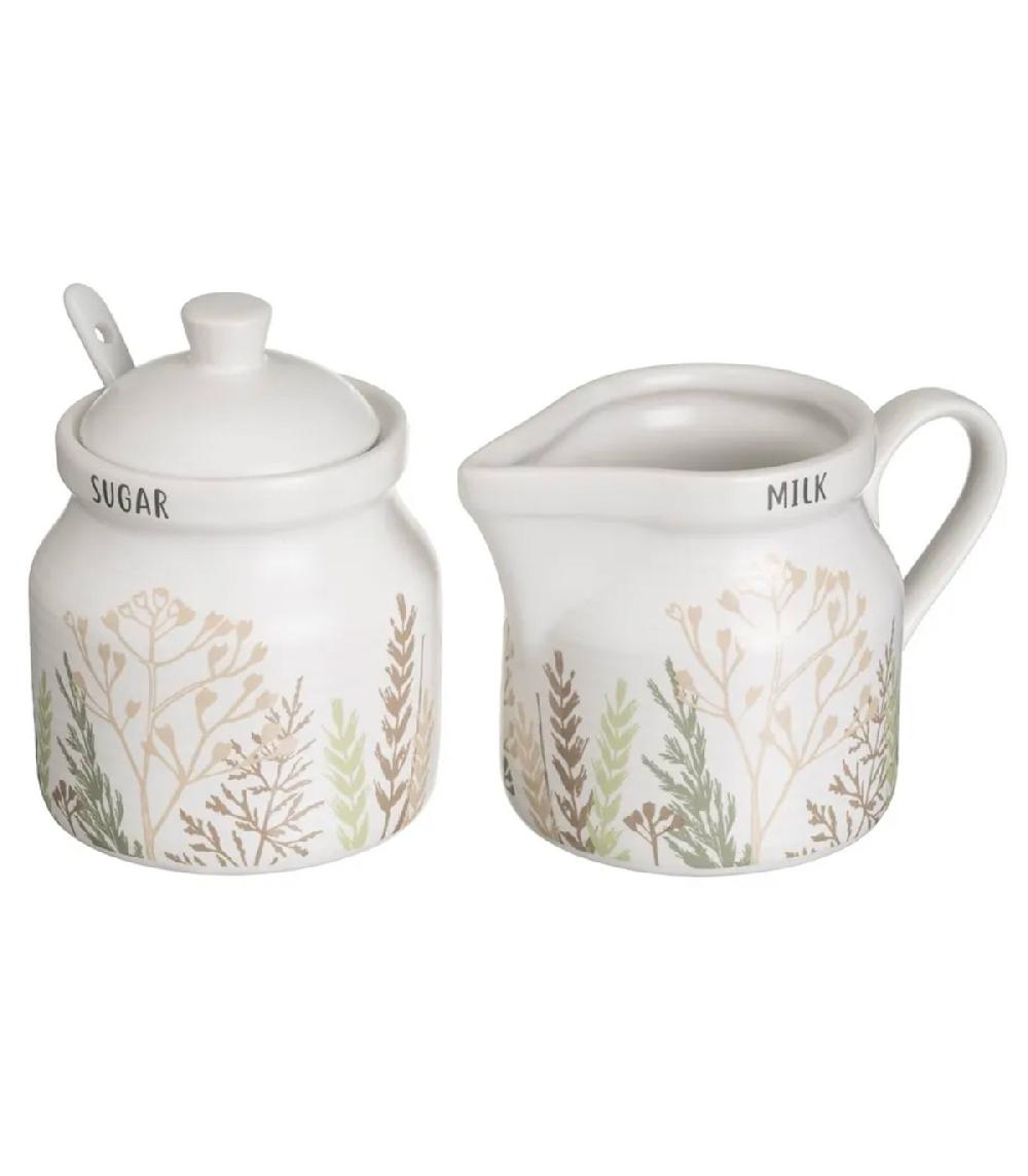 wadiga Sucrier + pot à lait en céramique blanche motif herbes