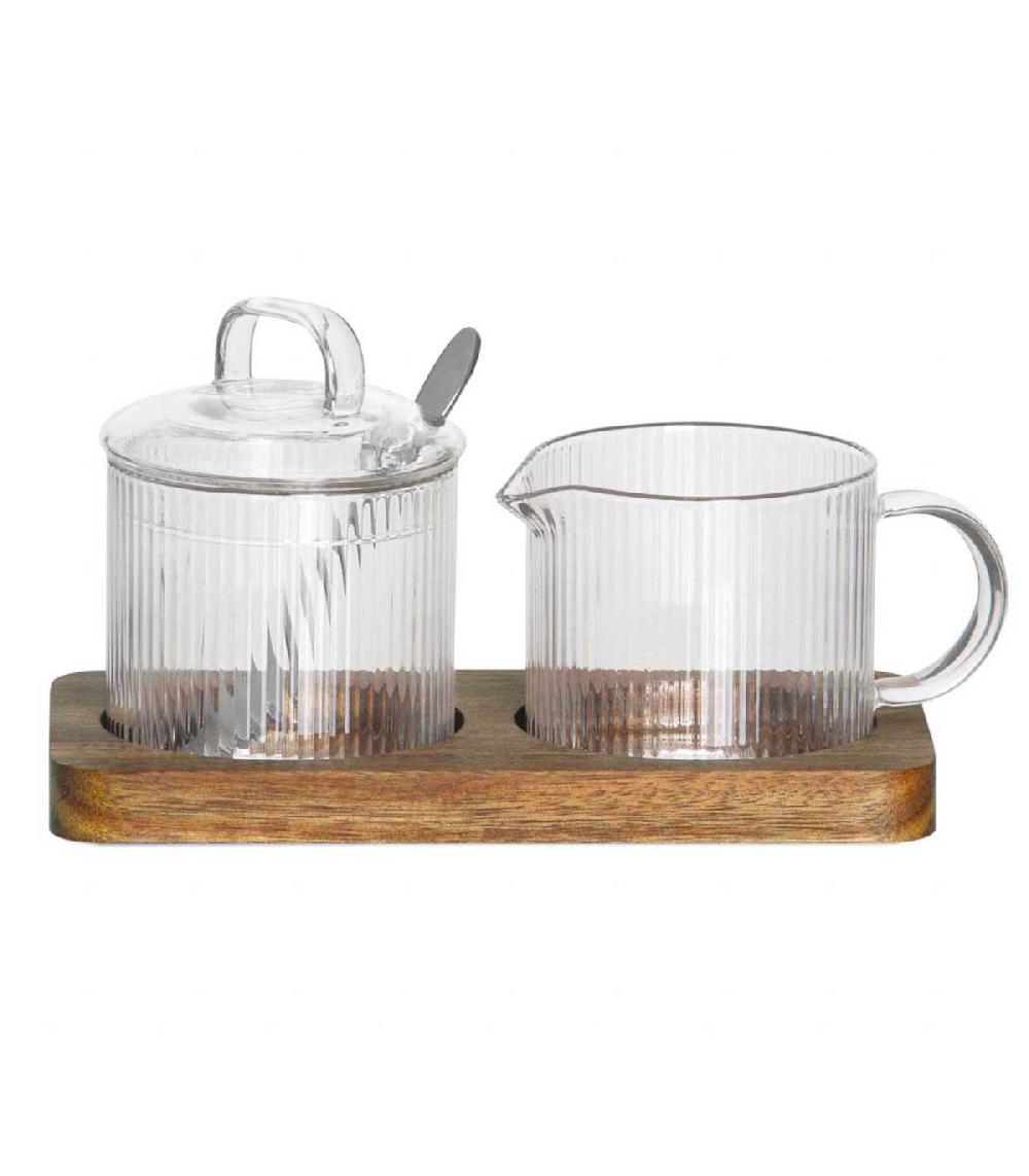 Wadiga Sucrier + Pot à Lait En Verre Transparent Et Plateau Bois D'acacia 19x9.5x10cm