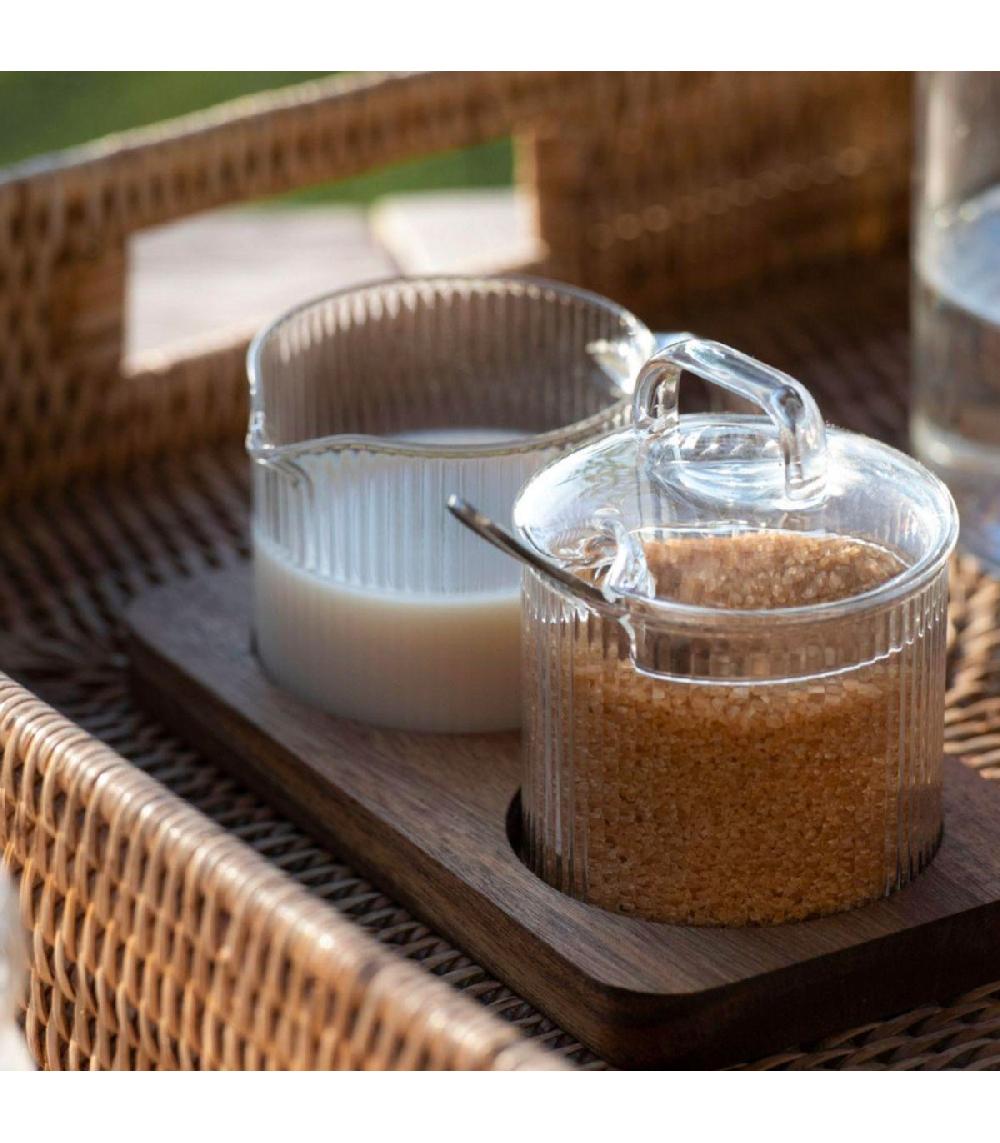 Wadiga Sucrier + Pot à Lait En Verre Transparent Et Plateau Bois D'acacia 19x9.5x10cm