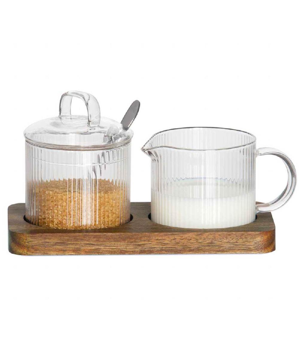 Wadiga Sucrier + Pot à Lait En Verre Transparent Et Plateau Bois D'acacia 19x9.5x10cm