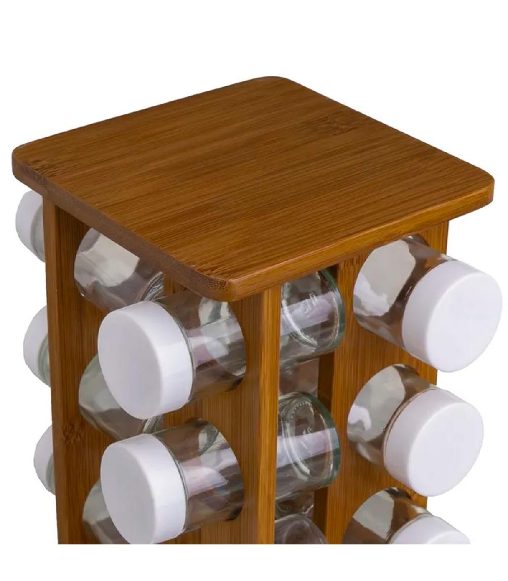 Wadiga Support à épices En Bambou Et 12 Pots En Verre 15x15x23cm