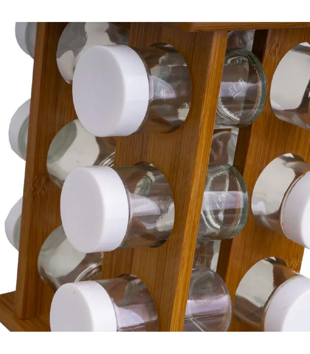 Wadiga Support à épices En Bambou Et 12 Pots En Verre 15x15x23cm