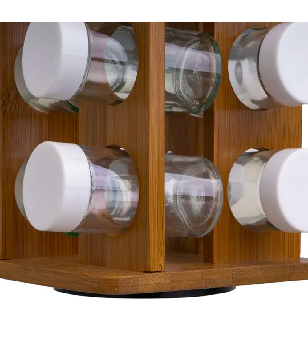 Wadiga Support à épices En Bambou Et 12 Pots En Verre 15x15x23cm