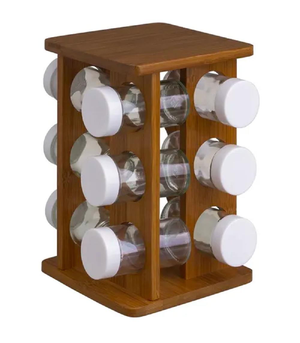 wadiga Support à épices en bambou et 12 pots en verre 15x15x23cm
