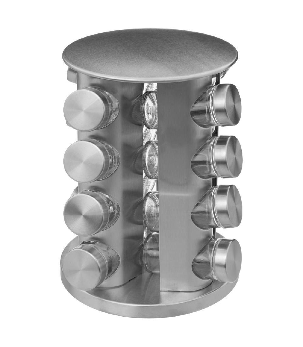 wadiga Support à épices rotatif inox et ses 16 pots verre