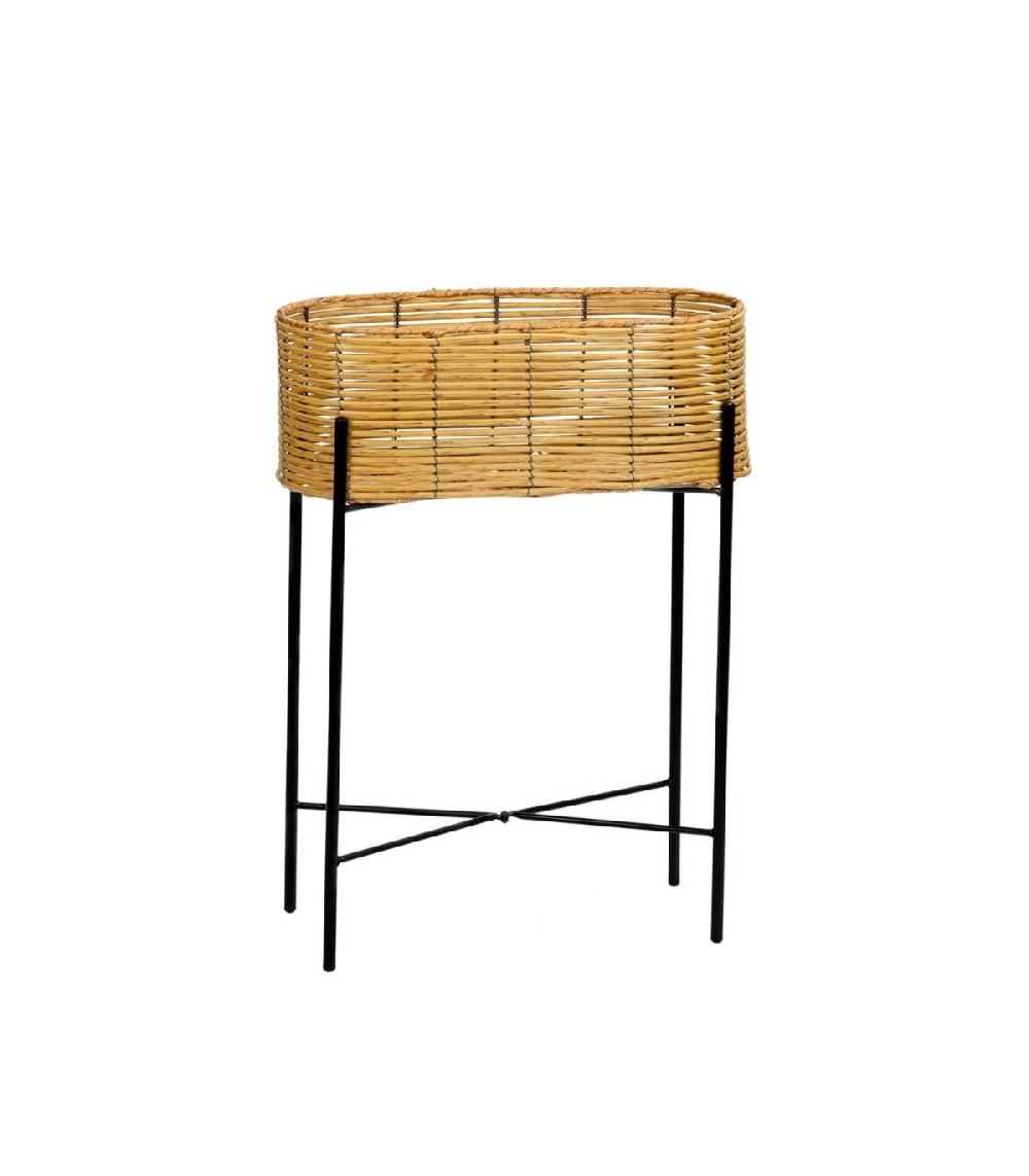 Wadiga Support Pot Plante En Rotin Synthétique Et Métal Noir - 49x20x66cm