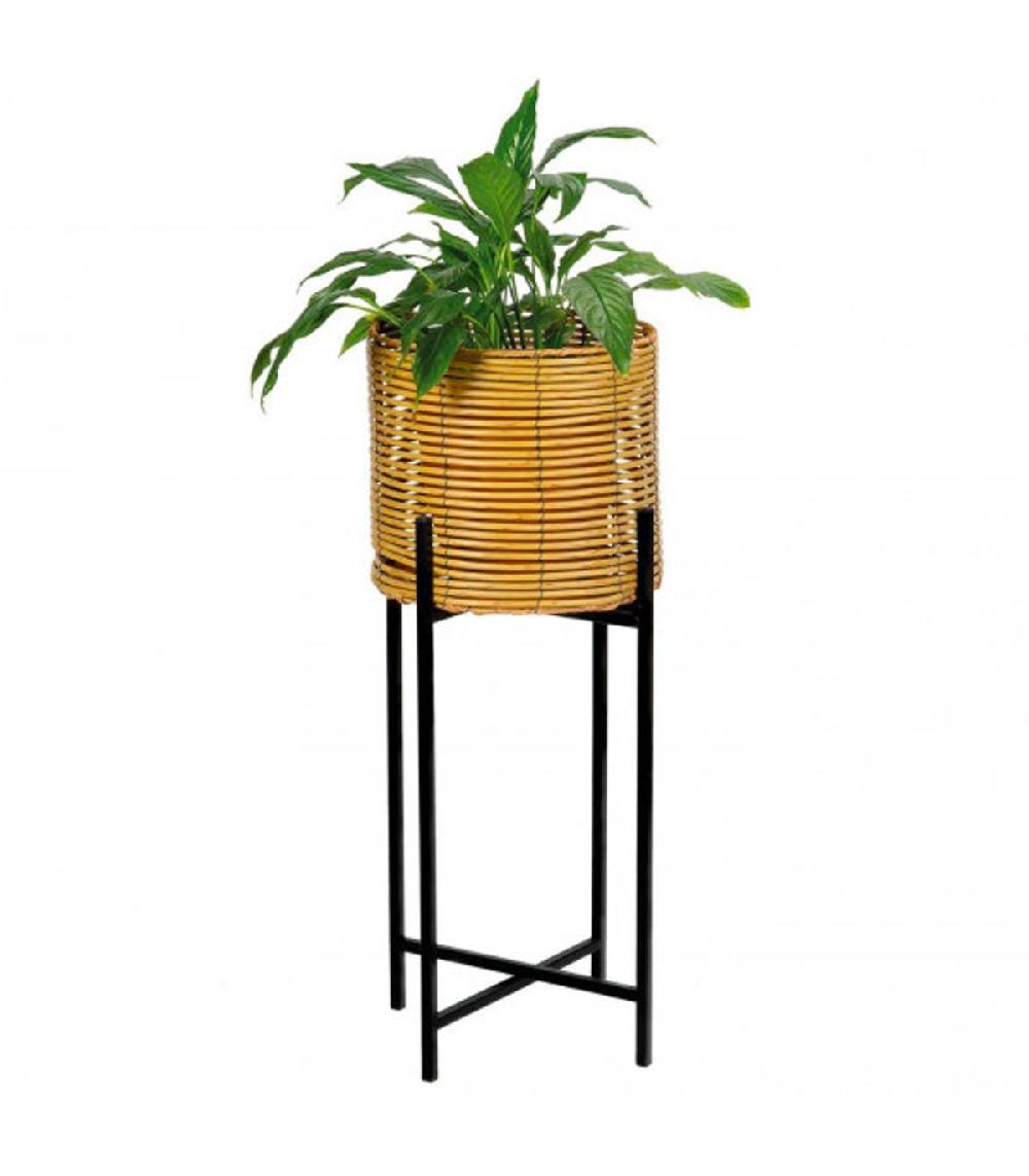 Wadiga Support Pot Plante En Rotin Synthétique Et Métal Noir - 30x77cm
