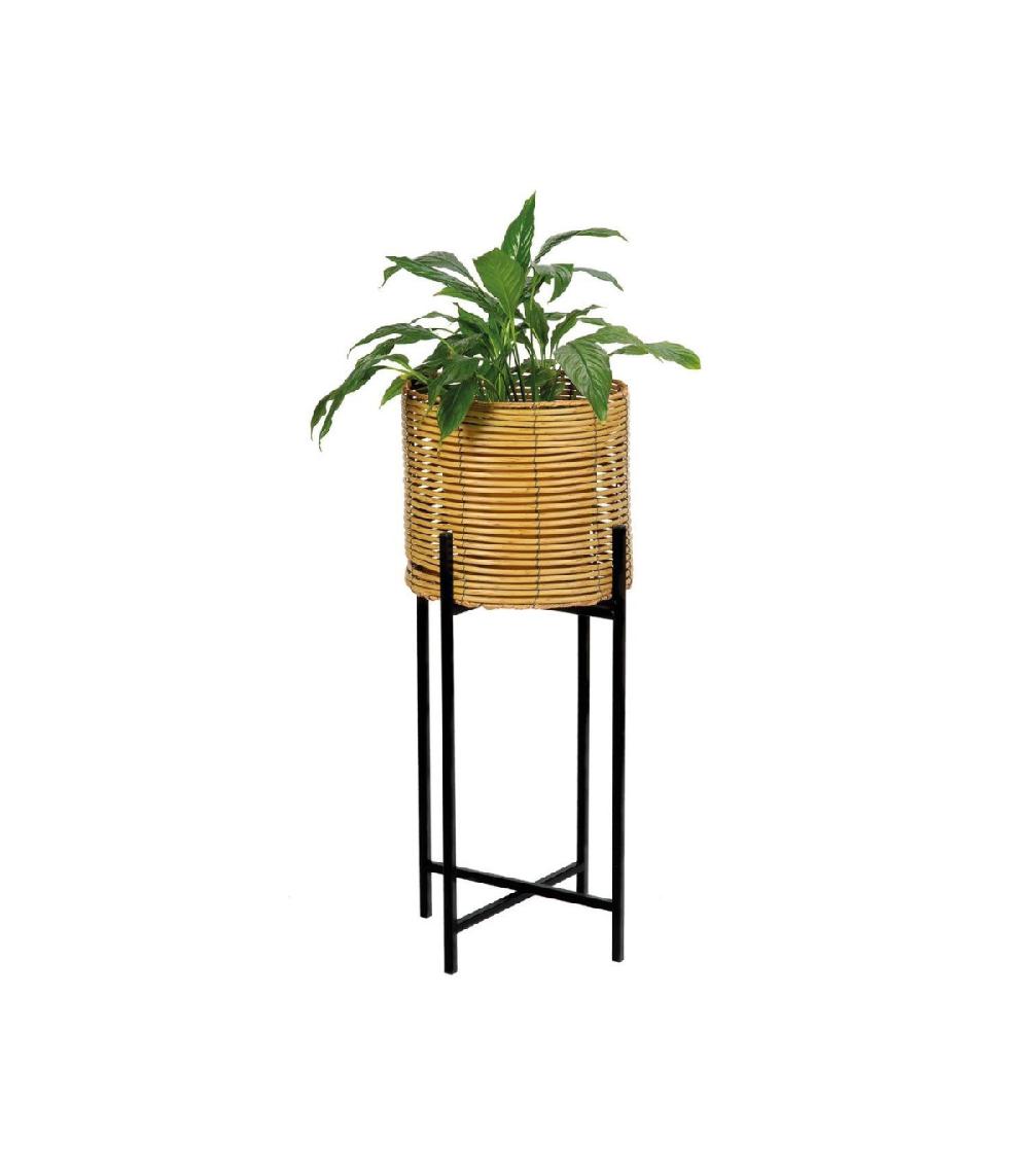 Wadiga Support Pot Plante En Rotin Synthétique Et Métal Noir - 30x77cm