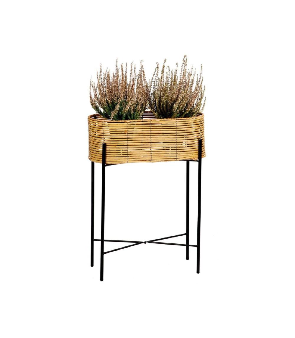 wadiga Support pot plante en rotin synthétique et métal noir - 49x20x66cm