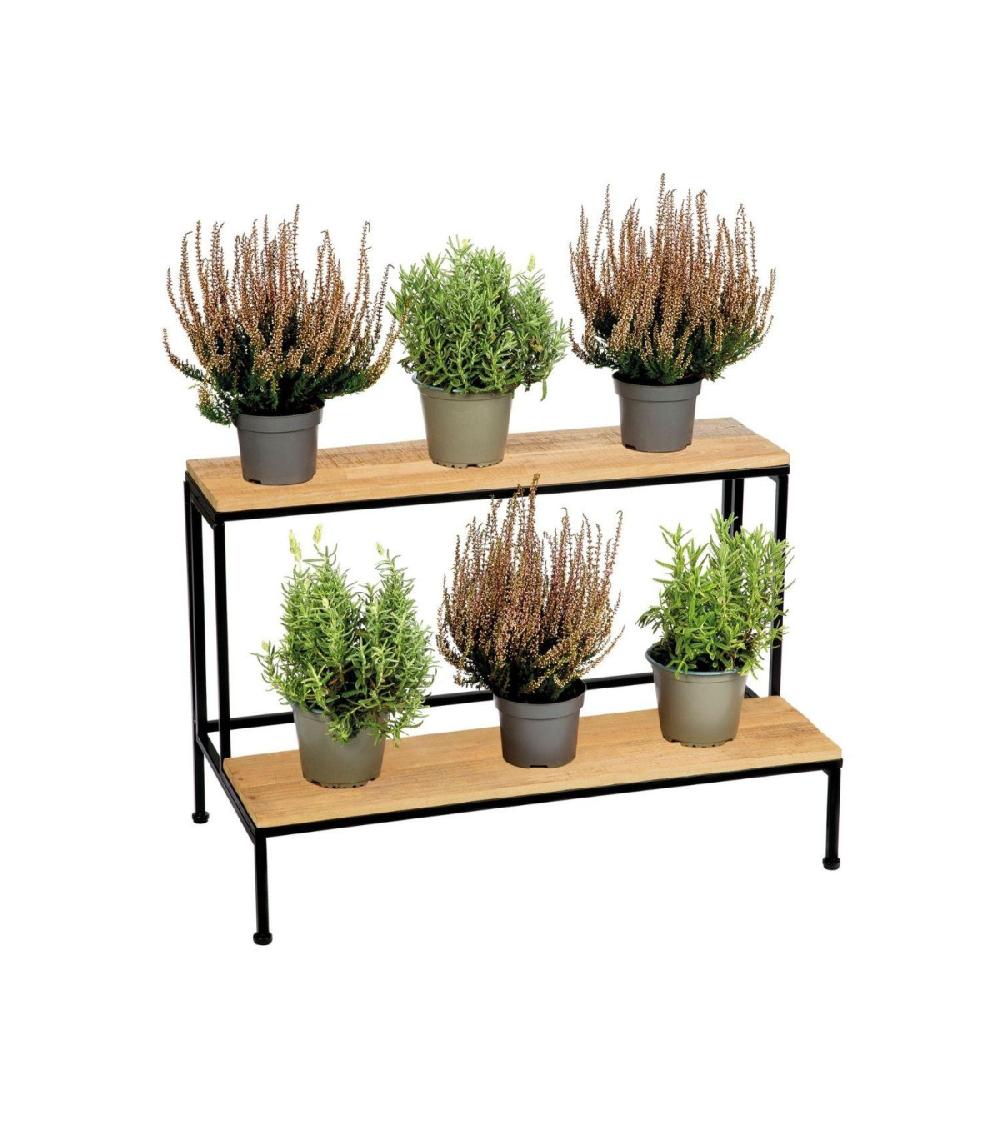 wadiga Support pots plantes étagé en métal noir et bois - 75x40x49cm