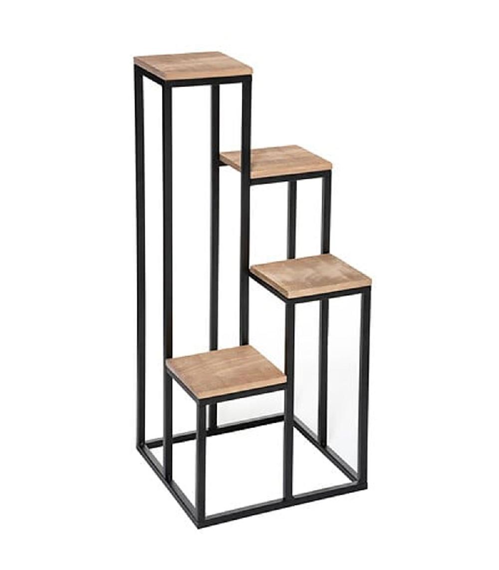 wadiga Support pots plantes étagé en métal noir et plateaux bois 36x36x88.5cm