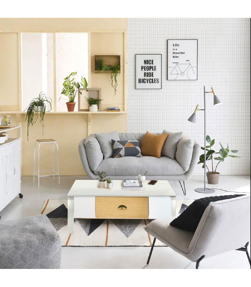 Wadiga Table Basse Bois Et Blanc 1 Tiroir 100x55x40cm