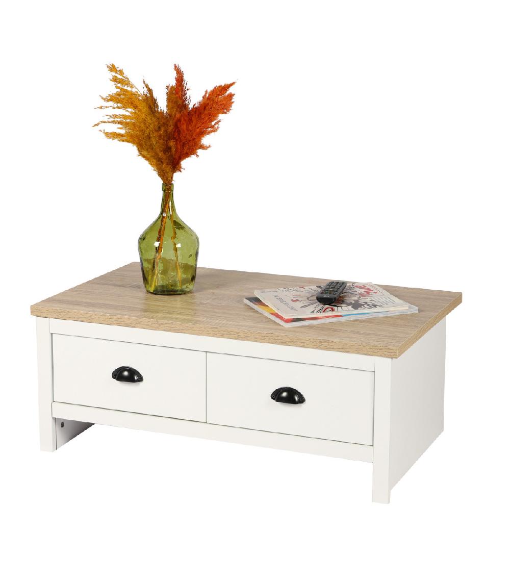 Wadiga Table Basse Bois Et Blanc 2 Tiroirs - 90x53x36cm