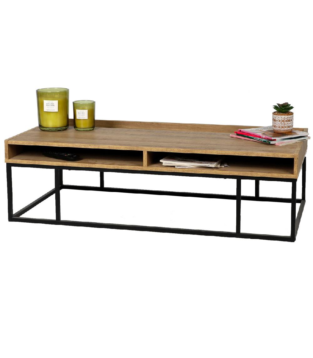 Wadiga Table Basse Bois Et Métal Noir 3 Niches 120x59x35cm