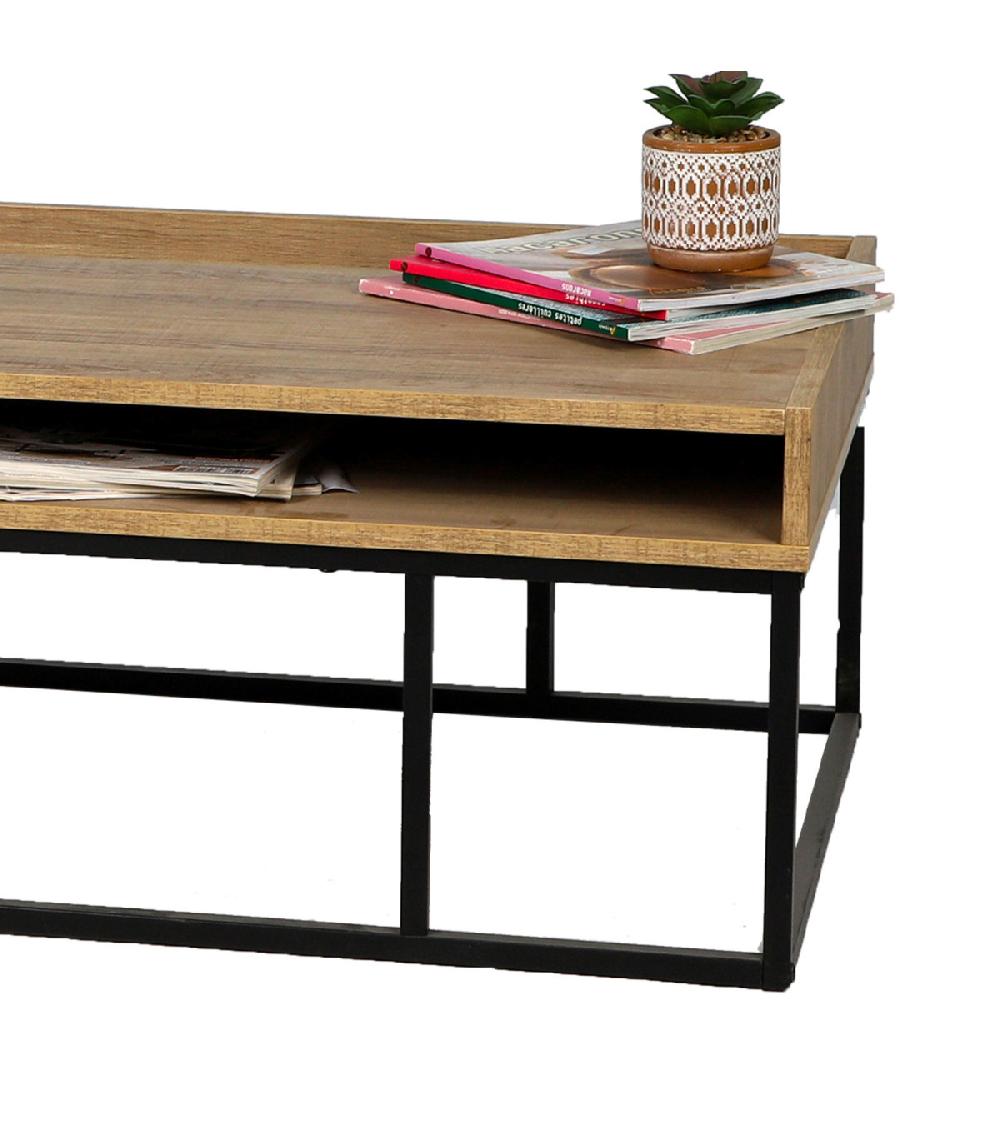 Wadiga Table Basse Bois Et Métal Noir 3 Niches 120x59x35cm