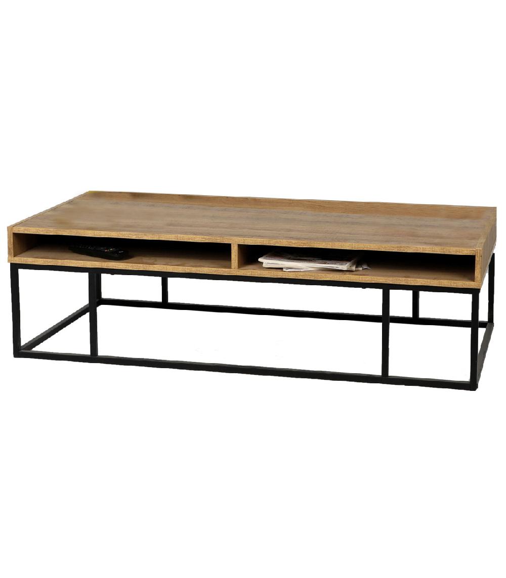 wadiga Table basse bois et métal noir 3 niches 120x59x35cm