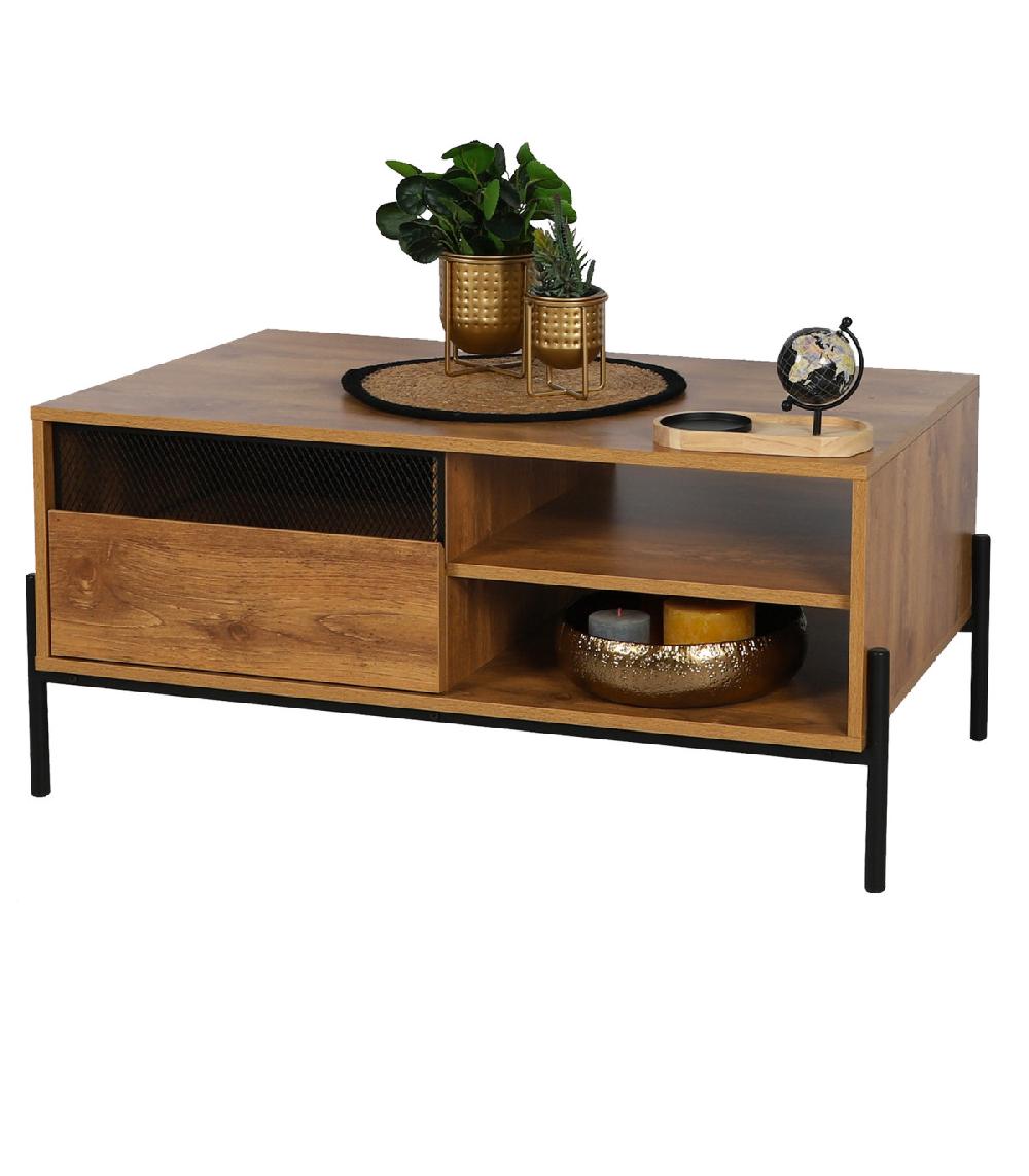 Wadiga Table Basse Bois Et Métal Noir étagères Et Placard 100x55x45cm