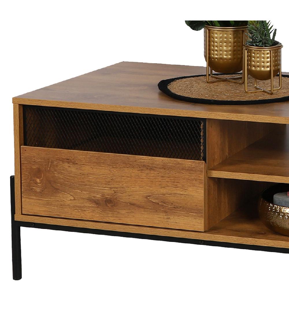 Wadiga Table Basse Bois Et Métal Noir étagères Et Placard 100x55x45cm