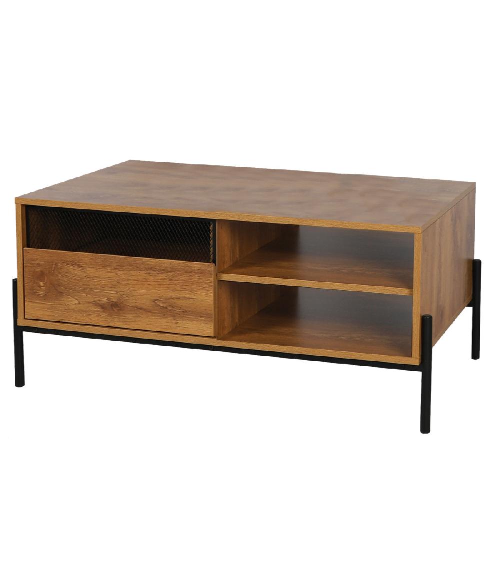 wadiga Table basse bois et métal noir étagères et placard 100x55x45cm