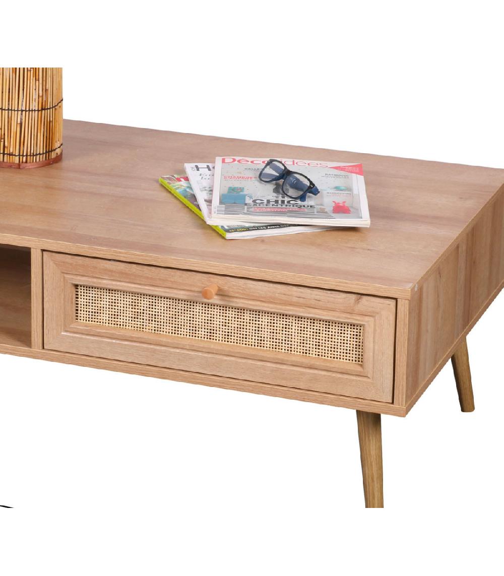Wadiga Table Basse Bois Et Rotin 1 Tiroir - 110x59x39cm