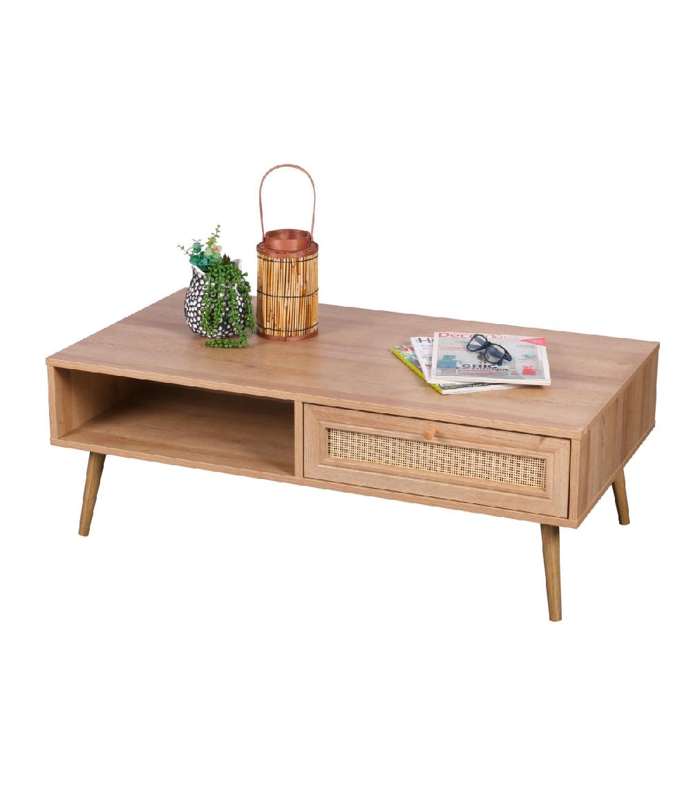 Wadiga Table Basse Bois Et Rotin 1 Tiroir - 110x59x39cm