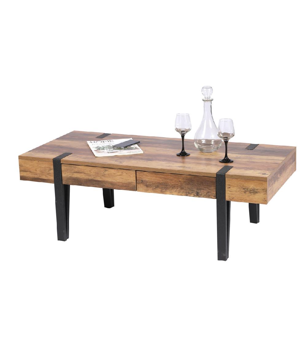 wadiga Table basse en bois et métal noir 2 tiroirs - 120x55x40cm