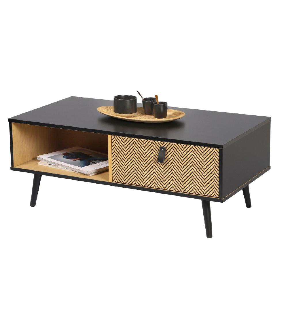 Wadiga Table Basse Noir Et Bois 1 Tiroir Avec Motifs Chelsea - 100x50x40cm