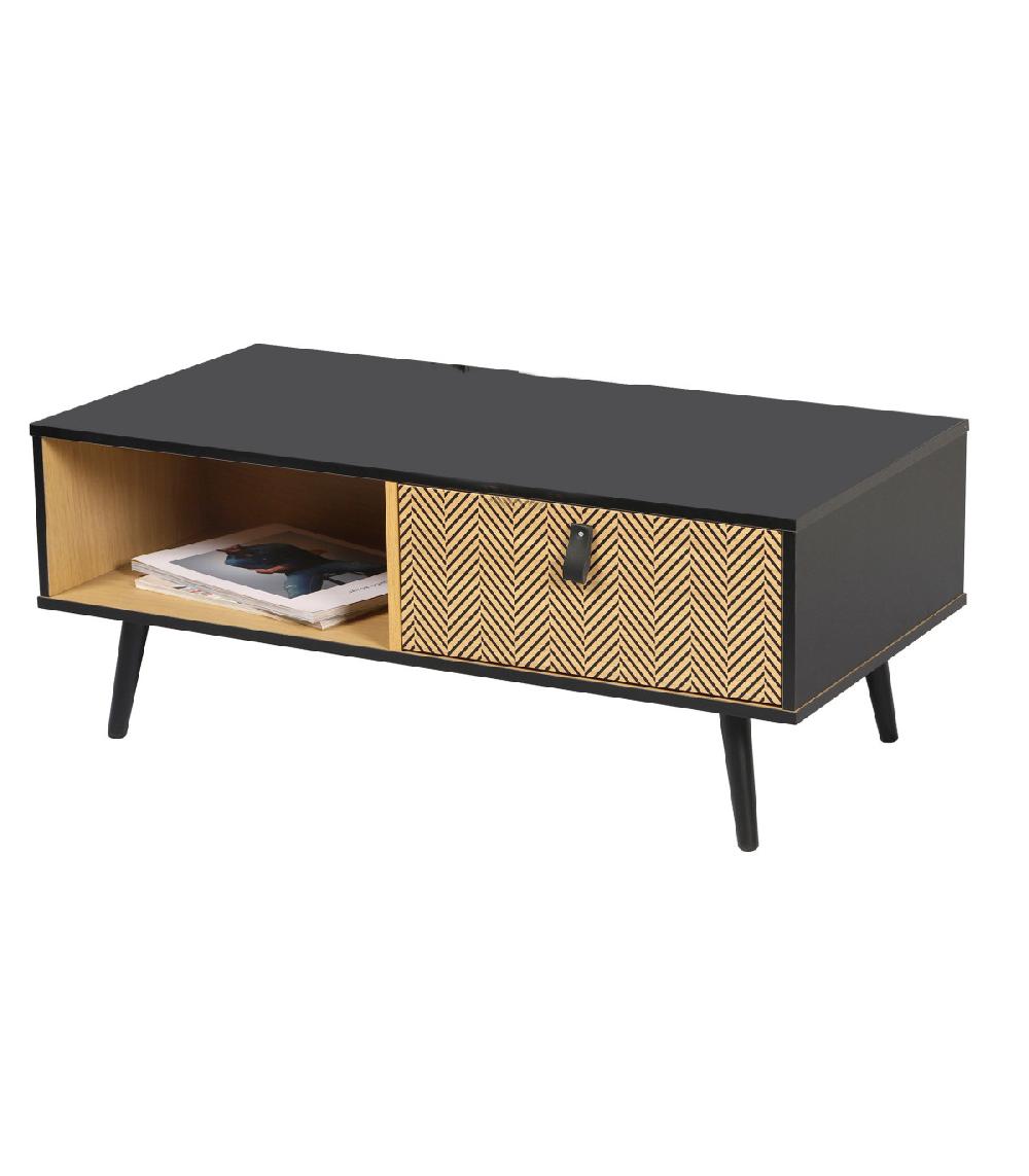 wadiga Table basse noir et bois 1 tiroir avec motifs Chelsea - 100x50x40cm