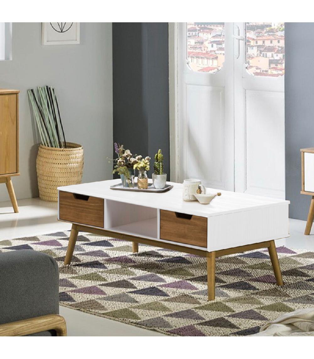 Wadiga Table Basse Rectangulaire 1 Casier Et 2 Tiroirs Blanc Et Bois 110x55x42.5cm