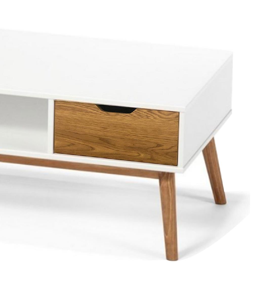 Wadiga Table Basse Rectangulaire 1 Casier Et 2 Tiroirs Blanc Et Bois 110x55x42.5cm
