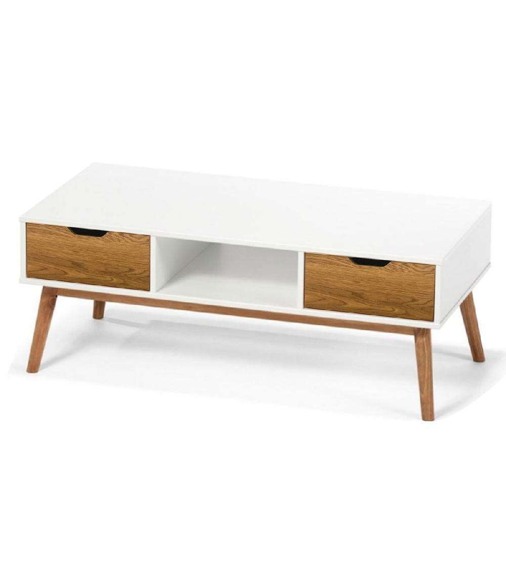 wadiga Table basse rectangulaire 1 casier et 2 tiroirs blanc et bois 110x55x42.5cm