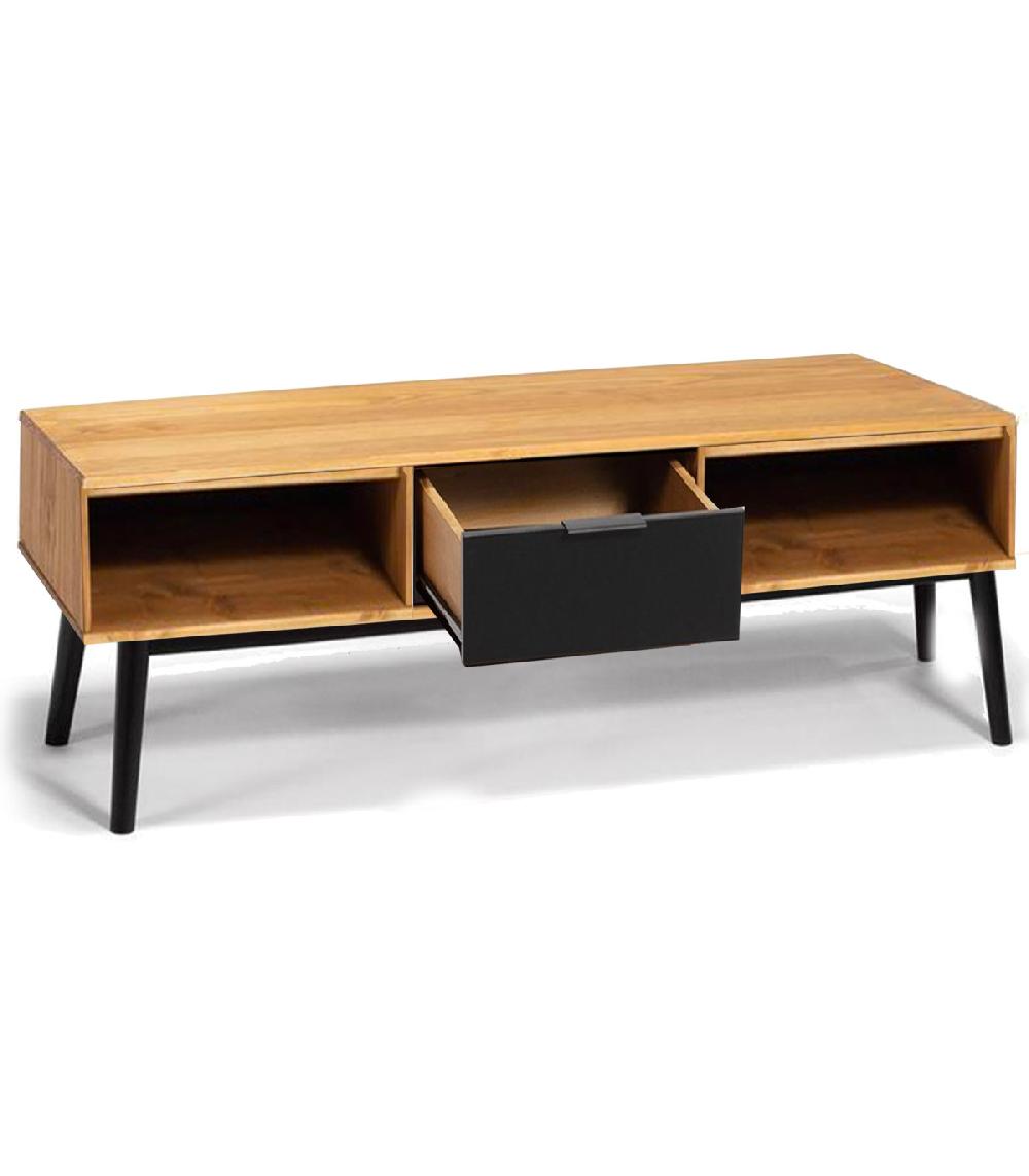 Wadiga Table Basse Rectangulaire 2 Casiers Et 1 Tiroir Bois Et Noir 110x55x42.5cm