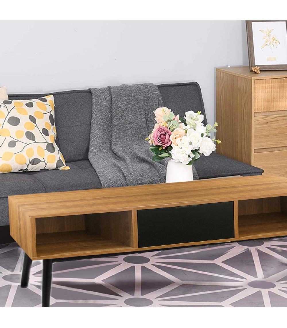 Wadiga Table Basse Rectangulaire 2 Casiers Et 1 Tiroir Bois Et Noir 110x55x42.5cm