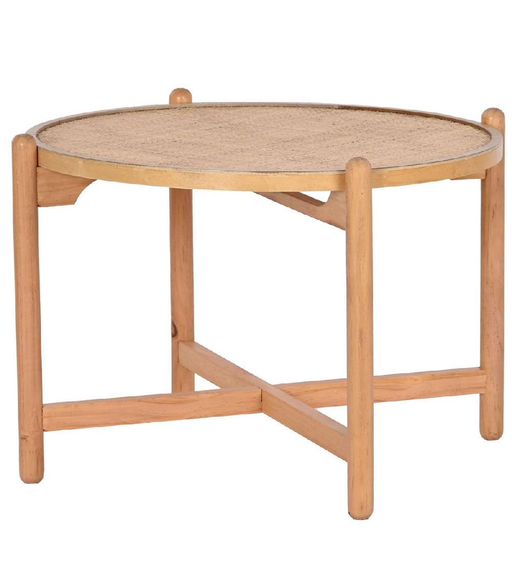 wadiga Table basse ronde en bois et cannage rotin 66x66x45cm