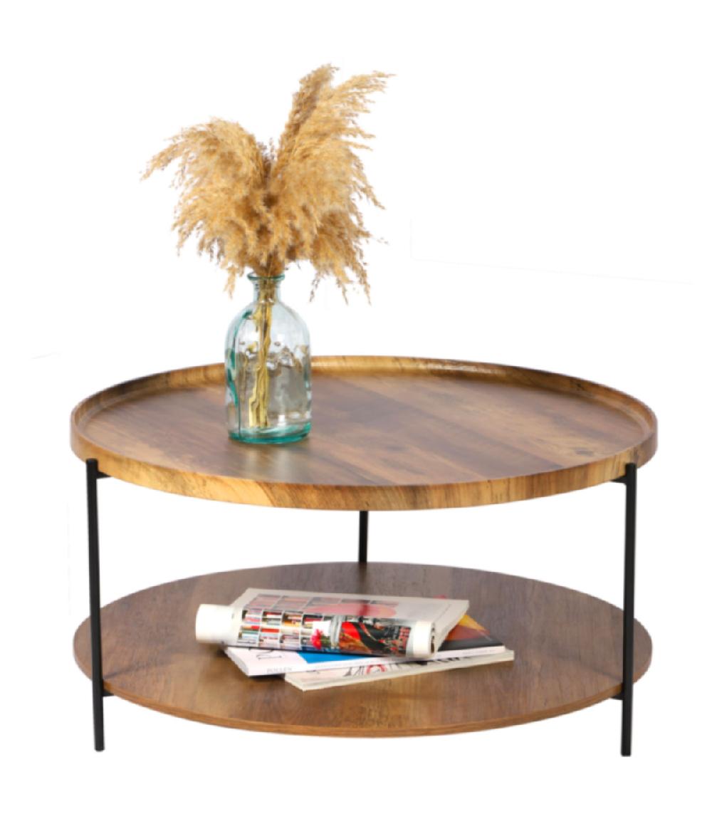 Wadiga Table Basse Ronde En Bois Et Métal Noir - 76x76x39cm