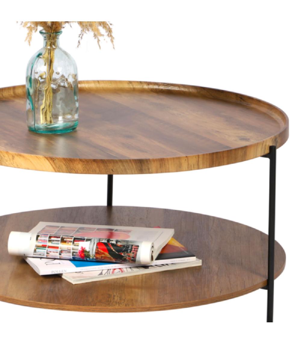 Wadiga Table Basse Ronde En Bois Et Métal Noir - 76x76x39cm